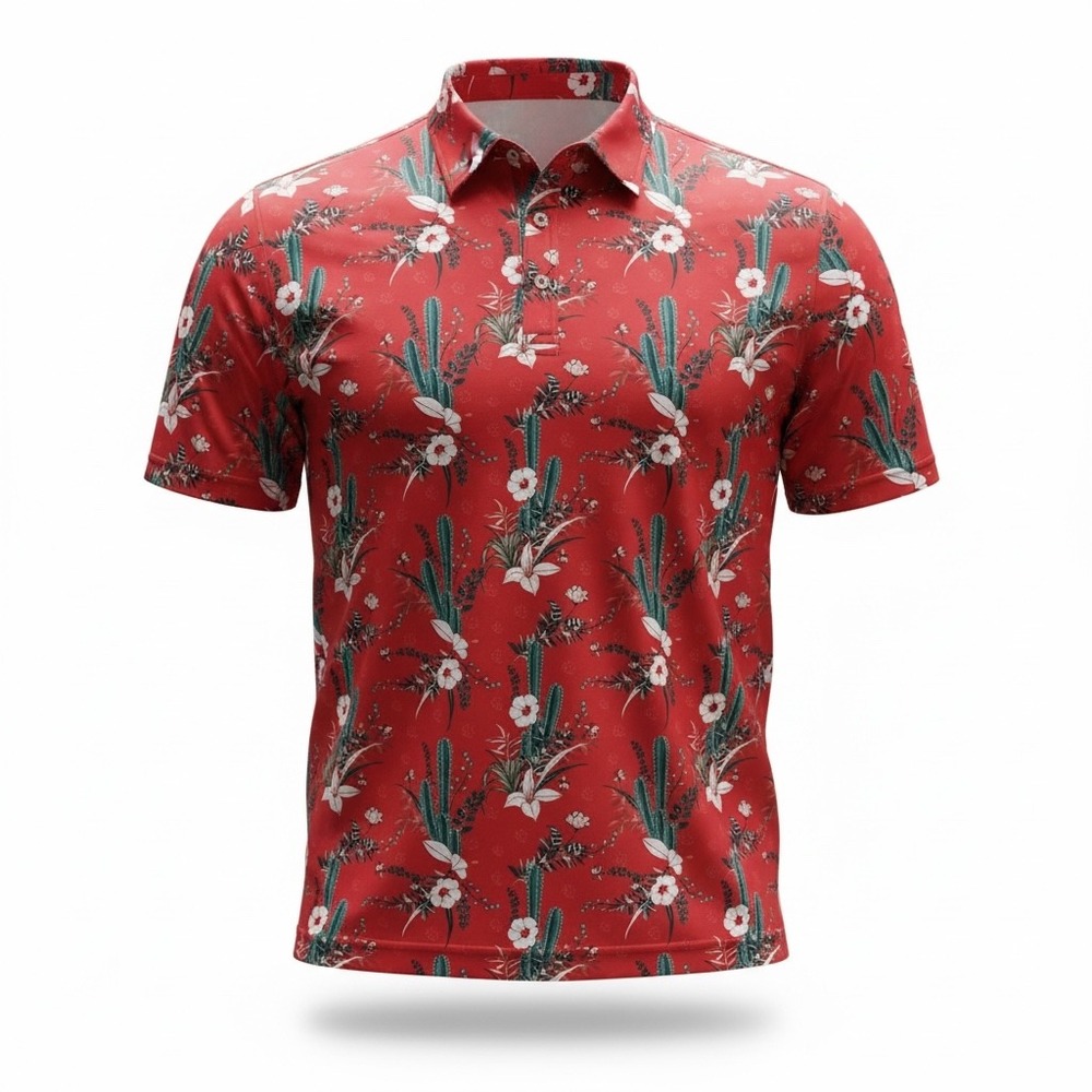 Waggle Mens 2XL Red Cactus‎ Floral Performance Golf Polo Shirt Stretch